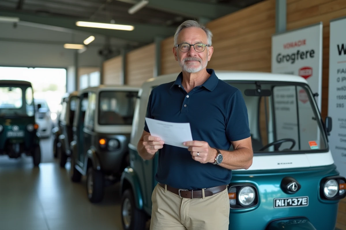 Homme examinant un tuk tuk électrique homologué dans une concession automobile française