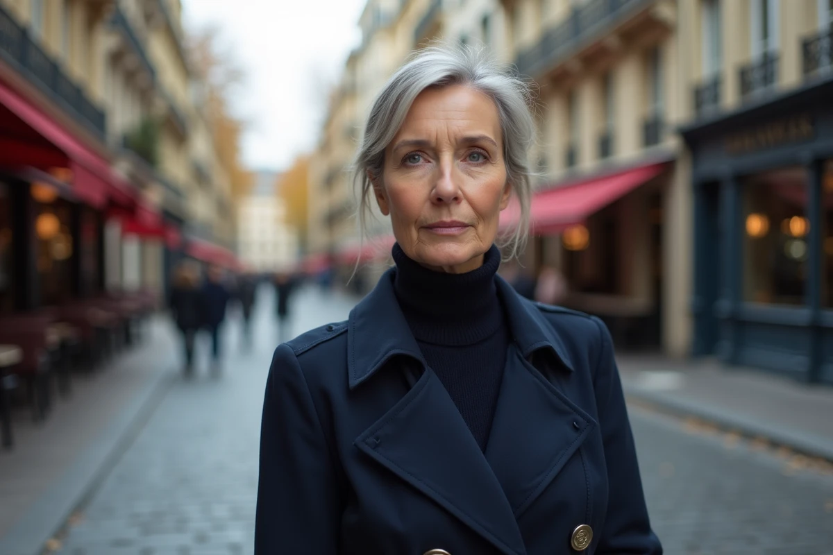 Femme actrice française en trench-coat bleu marine sur un boulevard parisien haussmannien en automne