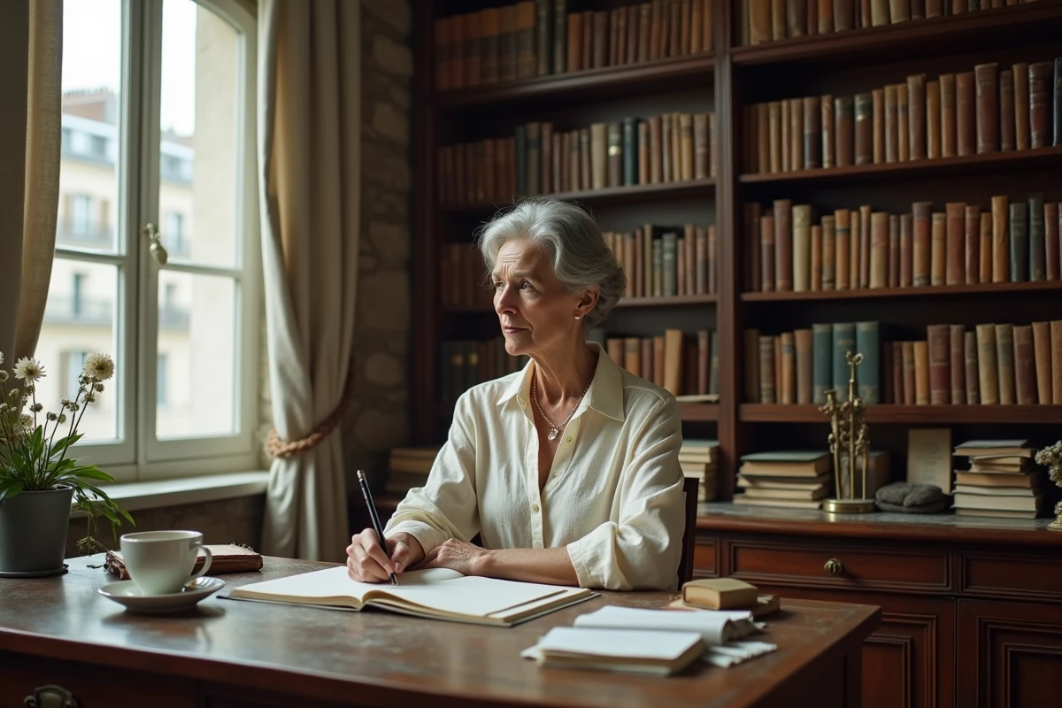 Actrice française lisant un script dans un bureau parisien chargé de livres et de manuscrits, portrait éditorial