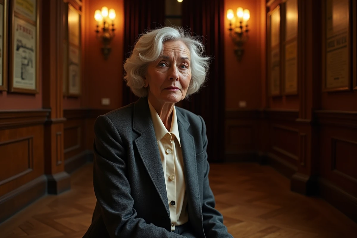 Actrice française élégante dans les coulisses d'un théâtre parisien classique, portrait 3/4 en blazer de laine charbon