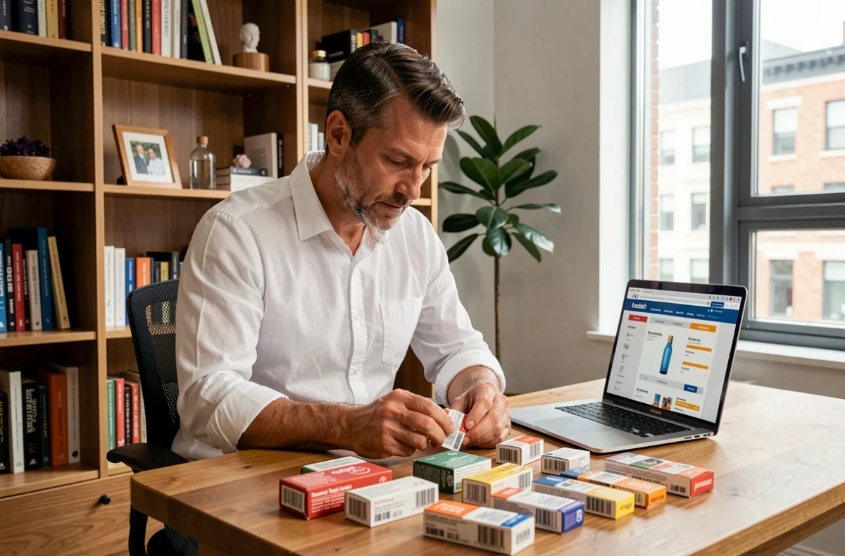 Homme analysant des étiquettes de produits et comparant des emballages sur son bureau pour distinguer les vraies innovations des fausses nouveautés