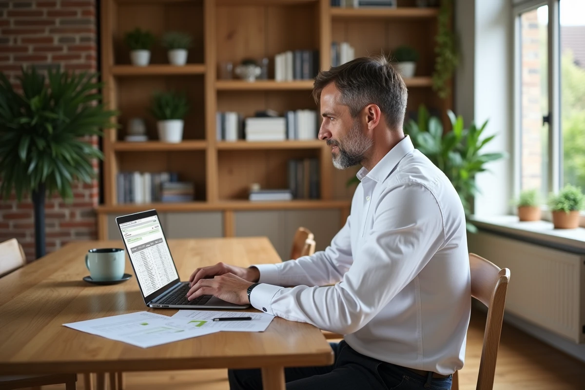 Homme d'affaires analysant un tableau de bord d'investissement immobilier sur ordinateur portable à la maison