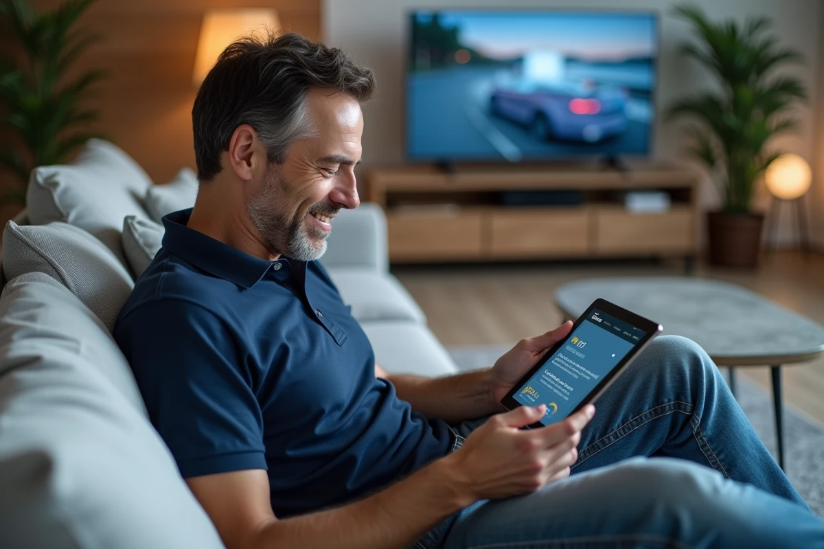 Homme consultant une application centralisée sur tablette pour gérer mails, streaming TV et promotions en ligne dans son salon moderne