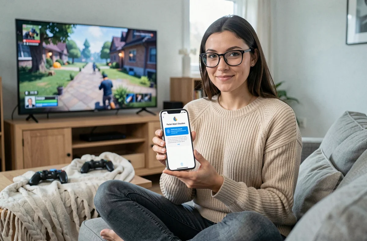 Femme utilisant l'authentification à deux facteurs sur son smartphone pour sécuriser son compte de jeux vidéo
