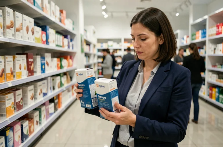 Femme comparant deux produits similaires dans un rayon de supermarché pour identifier lequel est véritablement nouveau