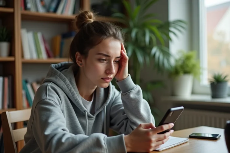 Jeune femme frustrée regardant son smartphone après avoir découvert que son compte Snapchat est bloqué définitivement