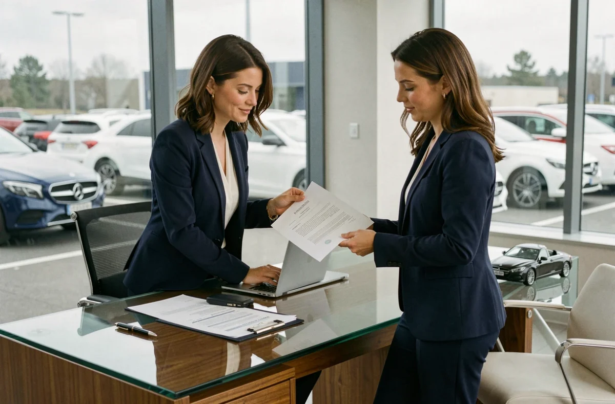 Conseillère commerciale Mercedes examinant un contrat de vente dans un bureau de concession