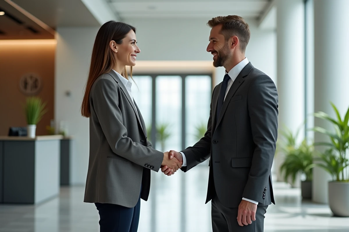Consultant professionnel serrant la main d'une cheffe d'entreprise dans le hall d'accueil d'un siège social moderne