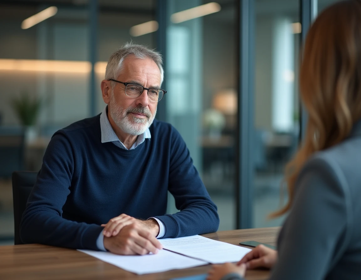 Homme en consultation avec un conseiller bancaire pour un dossier de crédit