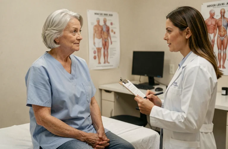 Femme de 60 ans en consultation médicale discutant des examens de santé préventifs avec son médecin