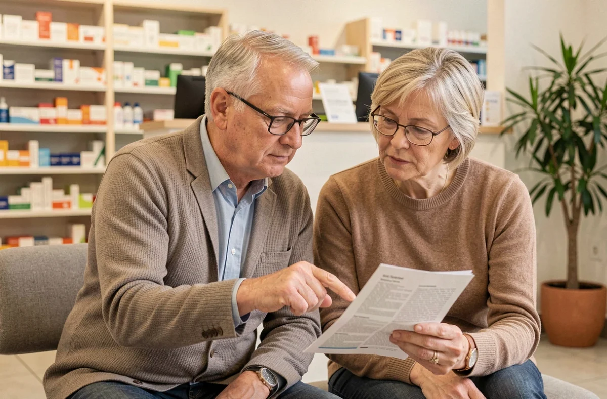 Couple de seniors de 60 ans consultant ensemble leurs résultats d'analyses médicales en pharmacie