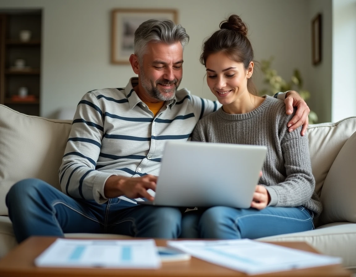 Couple consultant un simulateur de crédit immobilier sur ordinateur portable à la maison