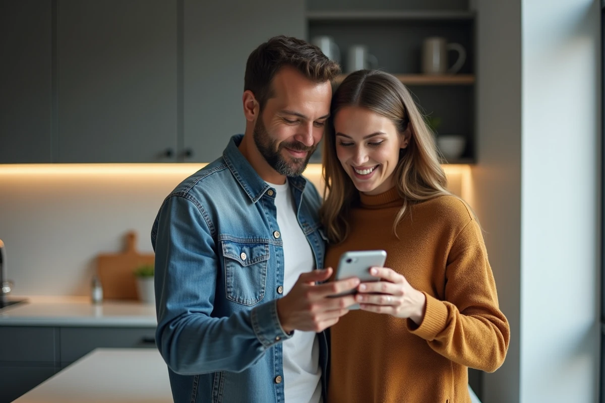 Couple découvrant une solution numérique tout-en-un pour centraliser mails, offres TV et abonnements en ligne depuis leur cuisine moderne