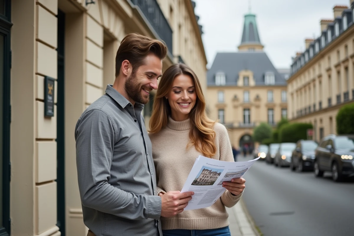 Couple examinant une annonce immobilière devant un immeuble haussmannien rénové dans une rue résidentielle française
