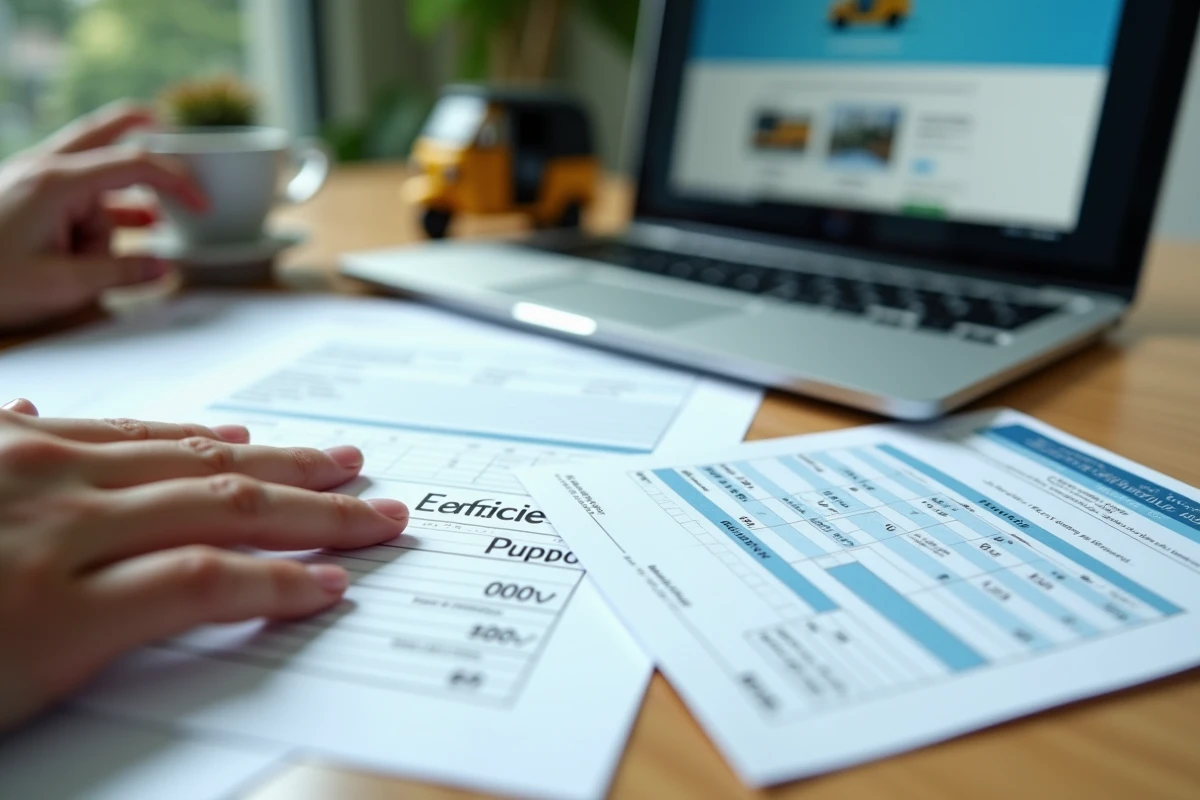 Documents d'homologation et devis pour l'achat d'un tuk tuk en France posés sur un bureau