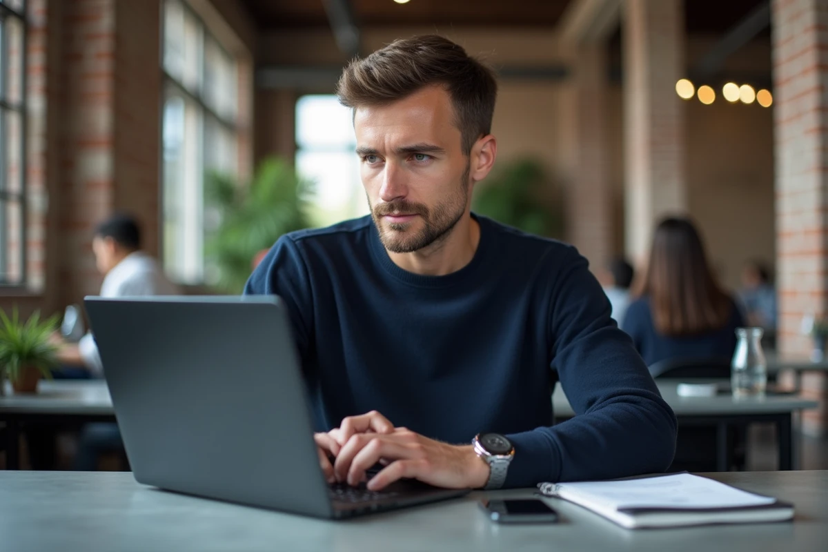Jeune entrepreneur indépendant concentré sur son travail dans un espace de coworking moderne