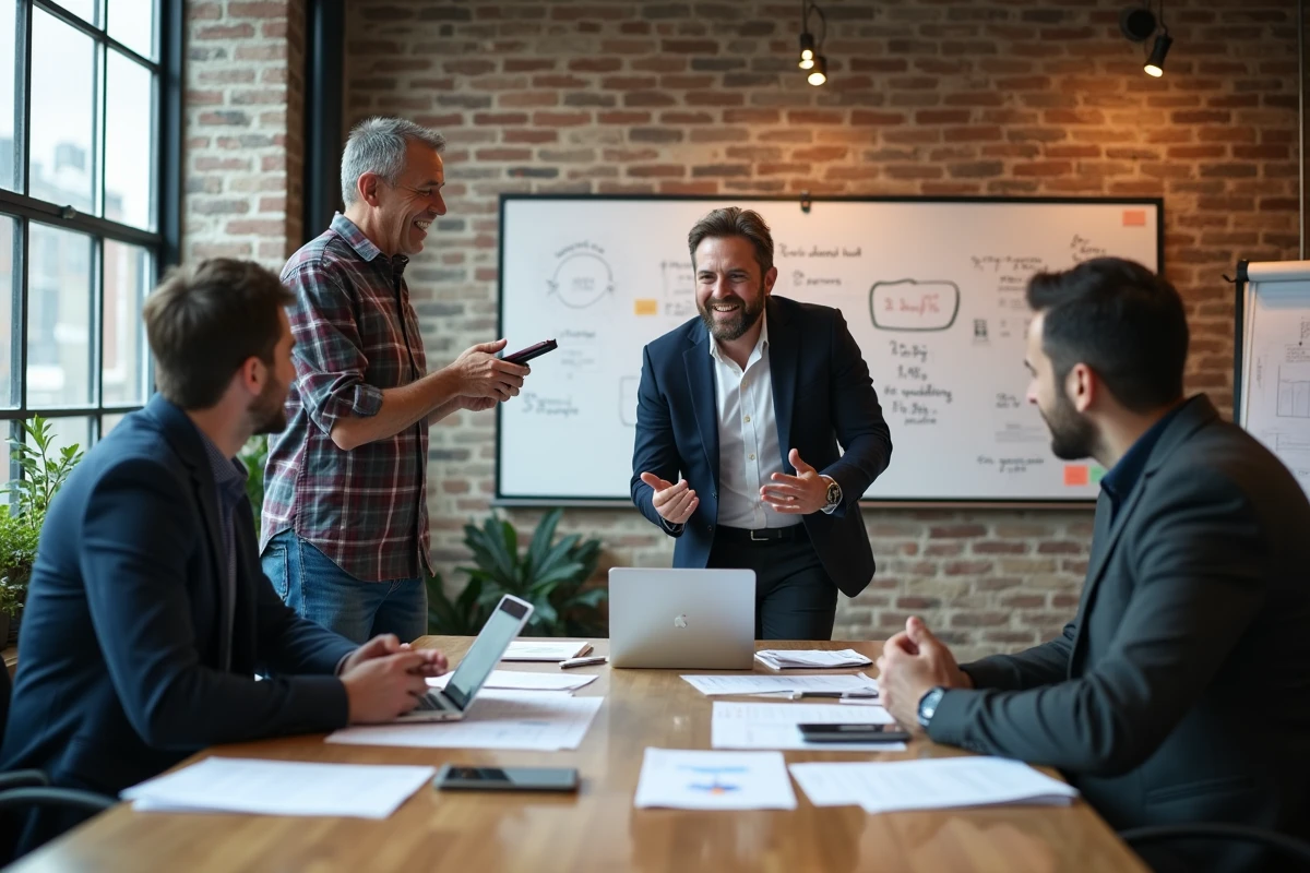 Équipe de professionnels en réunion stratégique autour d'une table avec des graphiques de performance dans un espace de coworking