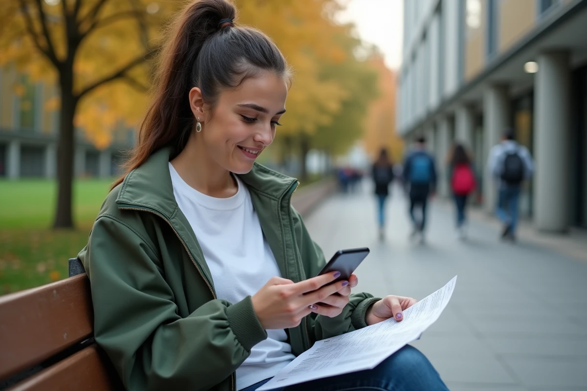 Étudiante vérifiant son attestation de bourse CROUS sur smartphone et document imprimé en plein air sur le campus universitaire