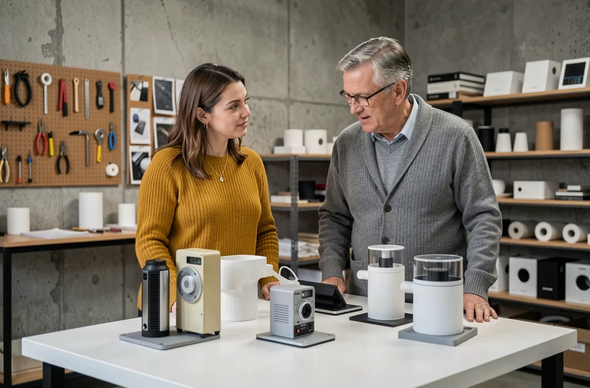 Deux professionnels examinant des prototypes de produits anciens et nouveaux dans un studio de design pour évaluer les véritables innovations