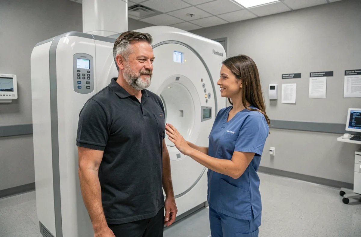 Homme de 65 ans passant un examen d'imagerie médicale accompagné d'une technicienne en radiologie