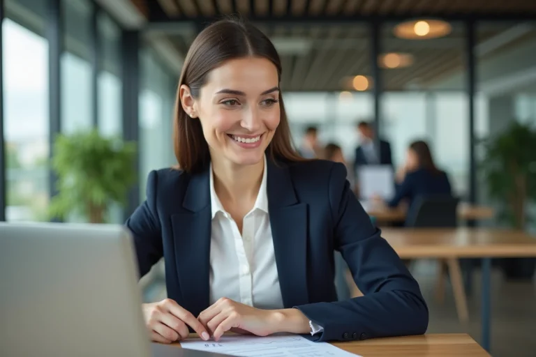 Femme d'affaires analysant les performances de son entreprise sur un ordinateur portable dans un bureau moderne et ouvert