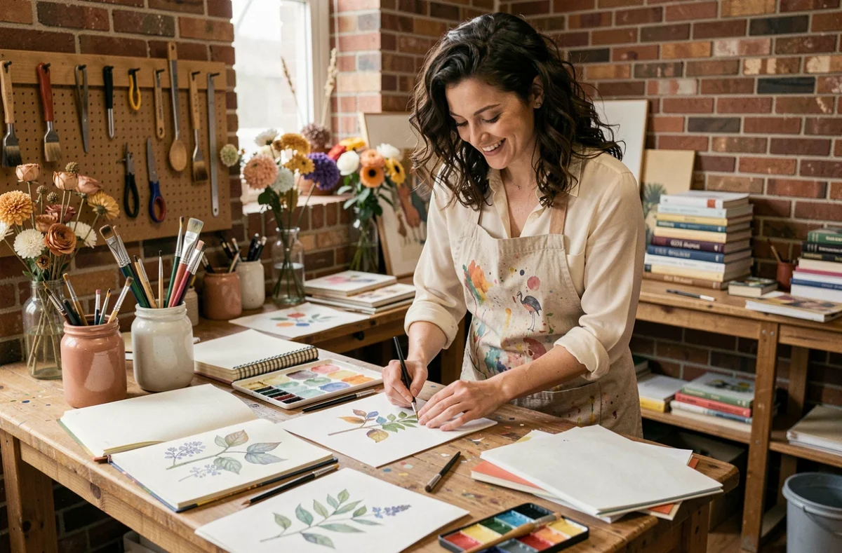 Femme artiste peignant une illustration botanique dans un atelier créatif chaleureux aux murs en brique
