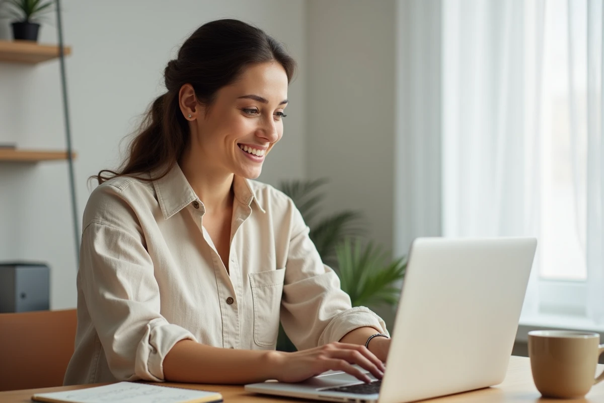 Femme auto-entrepreneur travaillant sur son ordinateur portable dans un bureau à domicile organisé