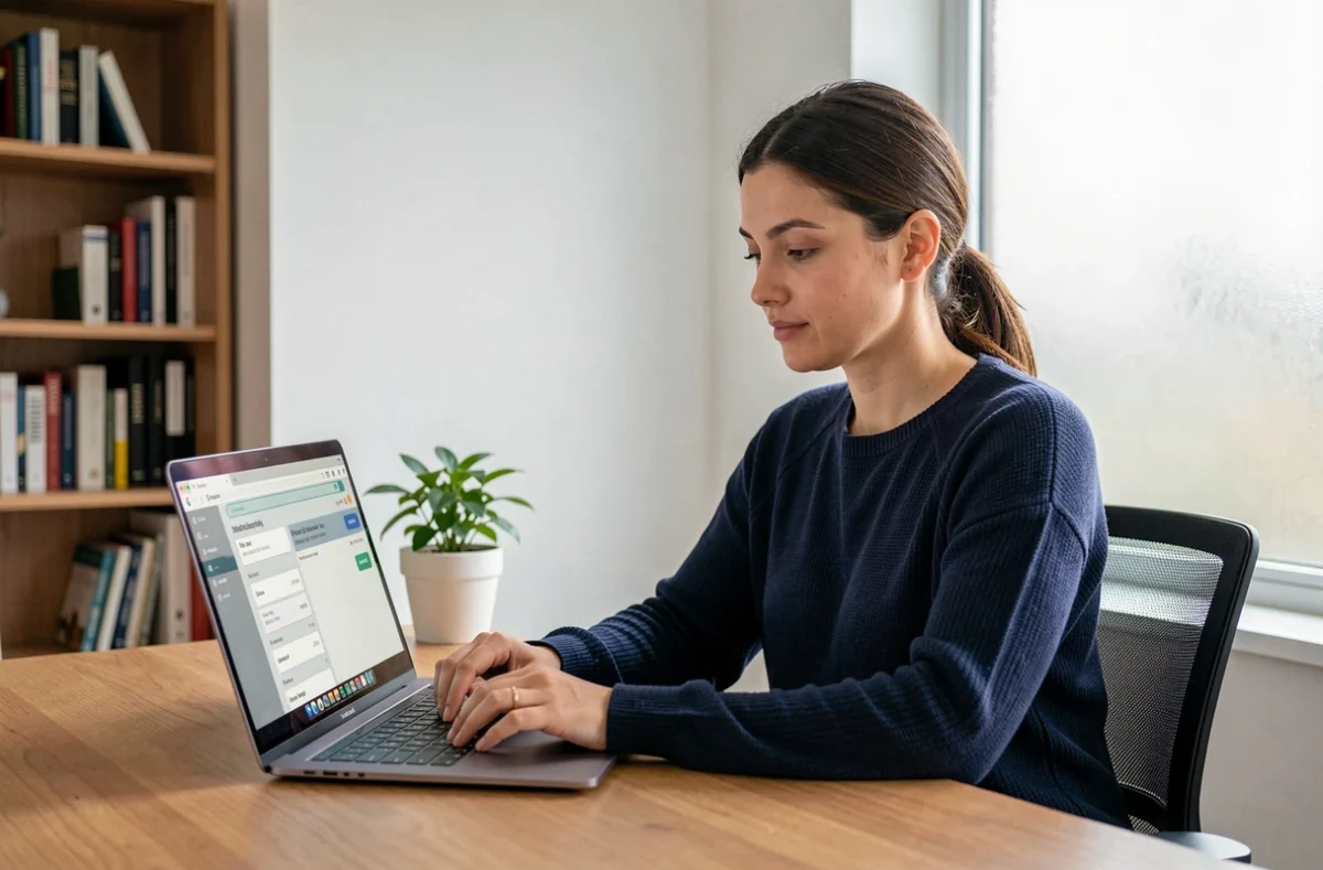 Femme gérant son compte bancaire en ligne depuis son bureau à domicile sur un ordinateur portable