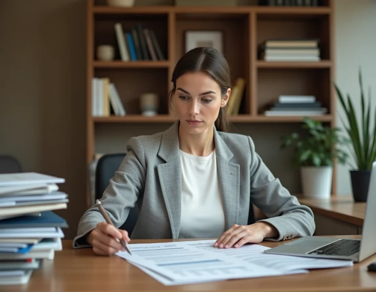 Femme comparant des offres de crédit sur des documents bancaires dans un bureau à domicile