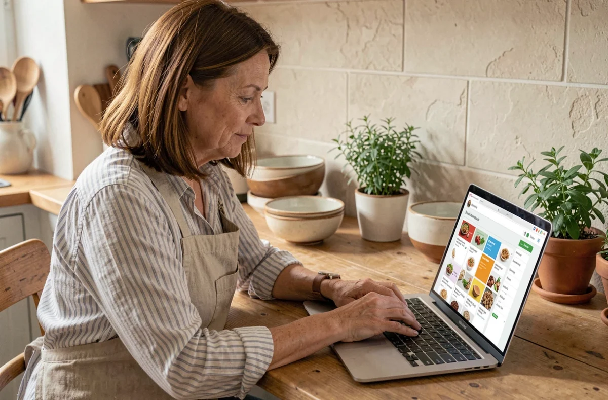 Femme consultant le plan du site Les Recettes Légères de Chrissy sur un ordinateur portable dans une cuisine conviviale