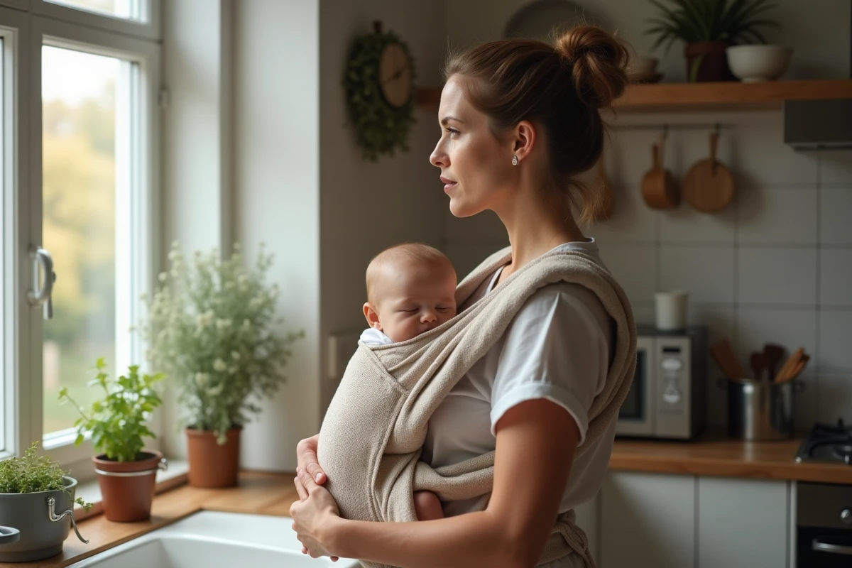 Femme réfléchissant dans la cuisine avec bébé en porte-bébé