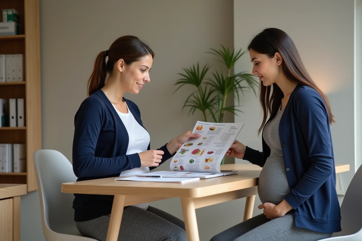 Femme enceinte consultant une nutritionniste sur les aliments à éviter comme le pâté et les pâtes mal cuites pendant la grossesse