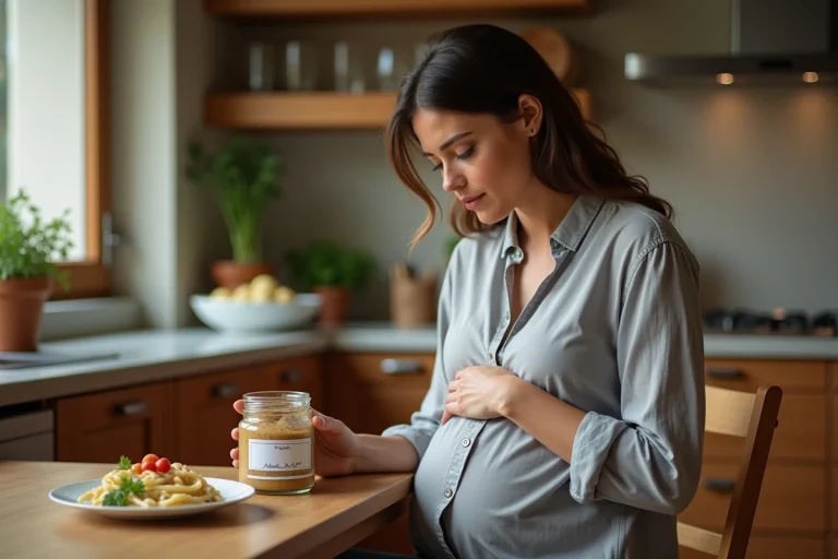 Femme enceinte lisant l'étiquette d'un pot de pâté dans sa cuisine pour vérifier les ingrédients pendant la grossesse