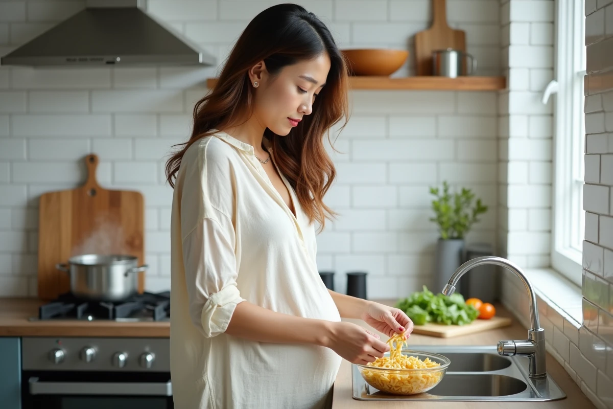 Femme enceinte préparant un plat de pâtes dans une cuisine moderne en prenant soin de bien les égoutter