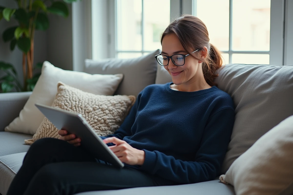 Femme souriante utilisant une tablette dans un salon cosy