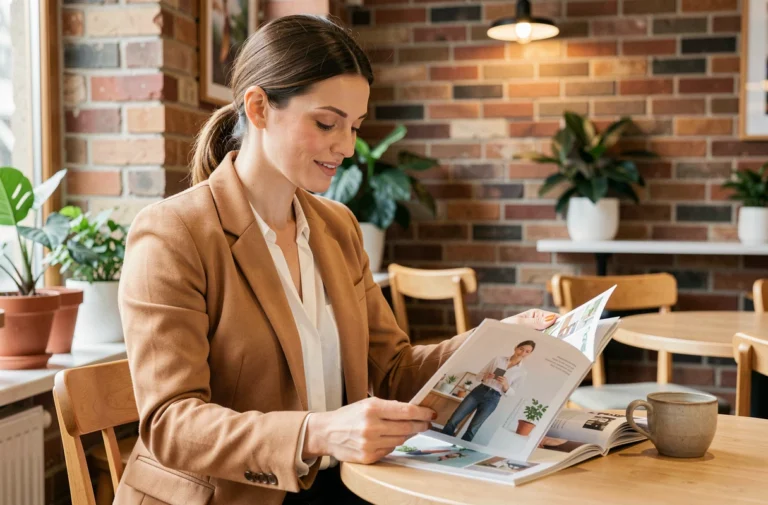 Femme élégante feuilletant un magazine féminin dans un café scandinave chaleureux