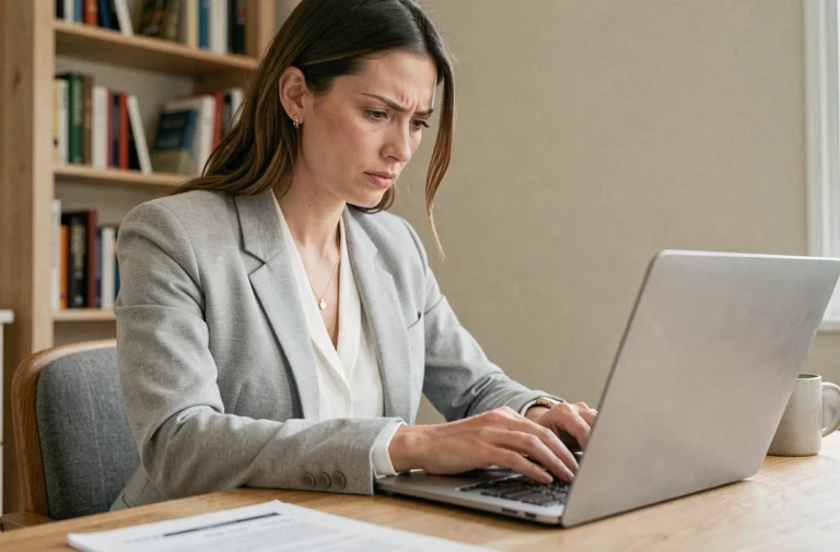 Femme professionnelle consultant son CV sur un ordinateur portable lors d'une recherche d'emploi en ligne depuis son bureau à domicile