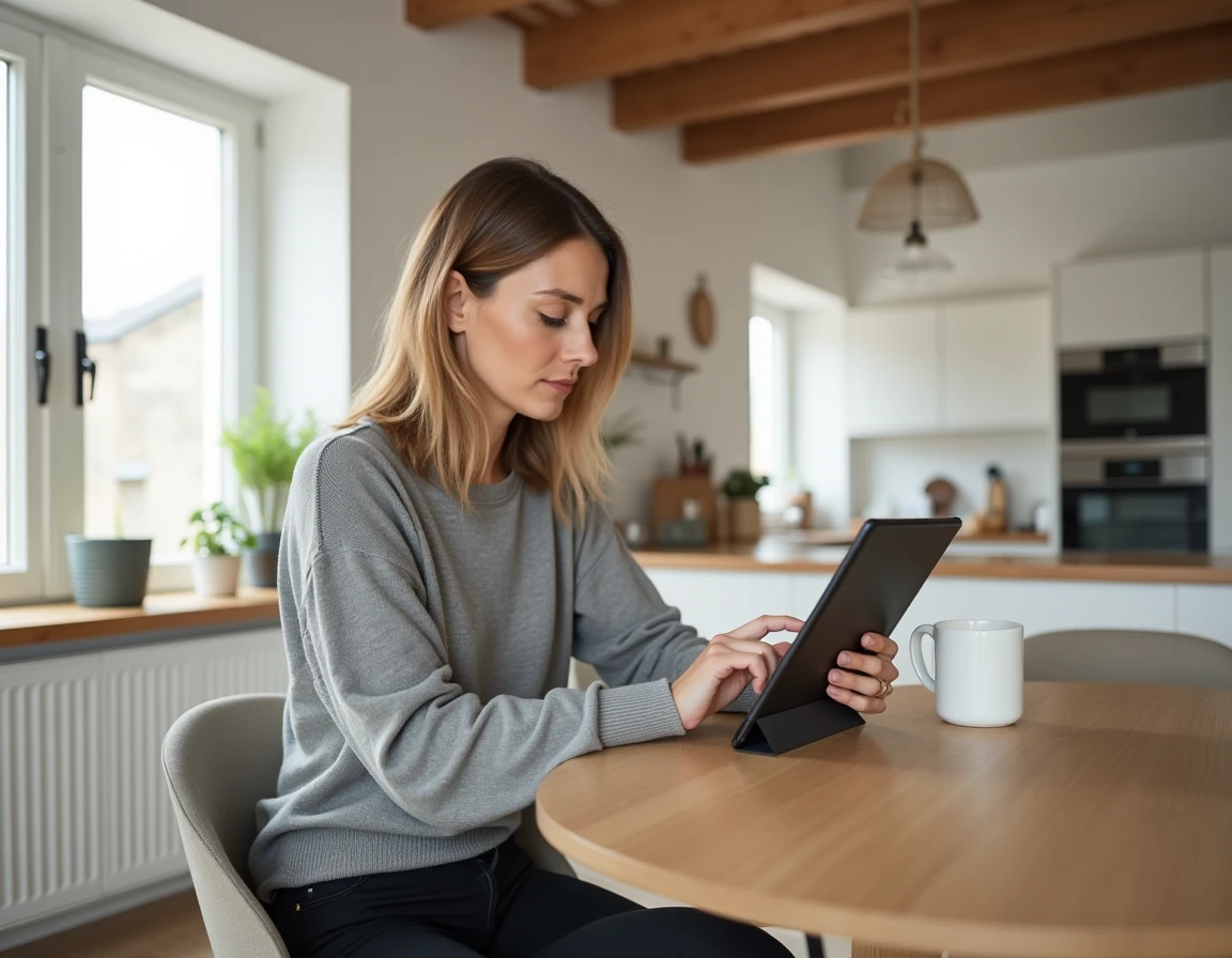 Femme consultant des annonces immobilières sur tablette dans un appartement moderne de style scandinave