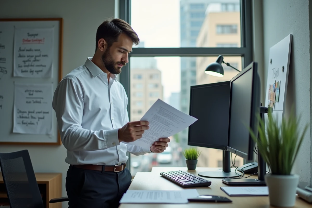 Freelance consultant examinant un document administratif dans un bureau professionnel à domicile