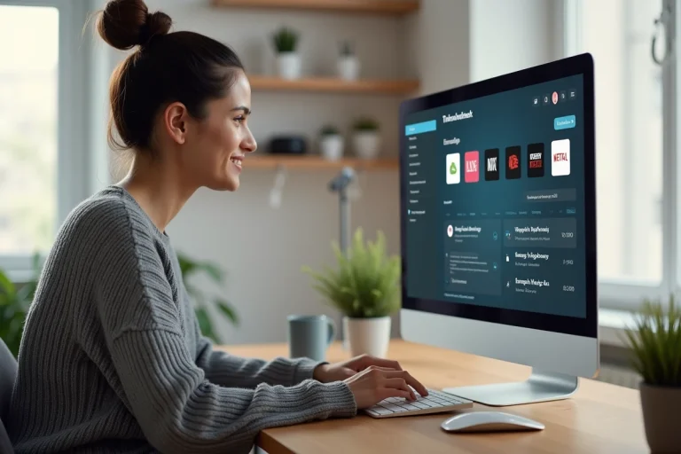 Femme utilisant un tableau de bord numérique centralisé pour gérer ses mails, abonnements TV et offres en ligne depuis son bureau à domicile