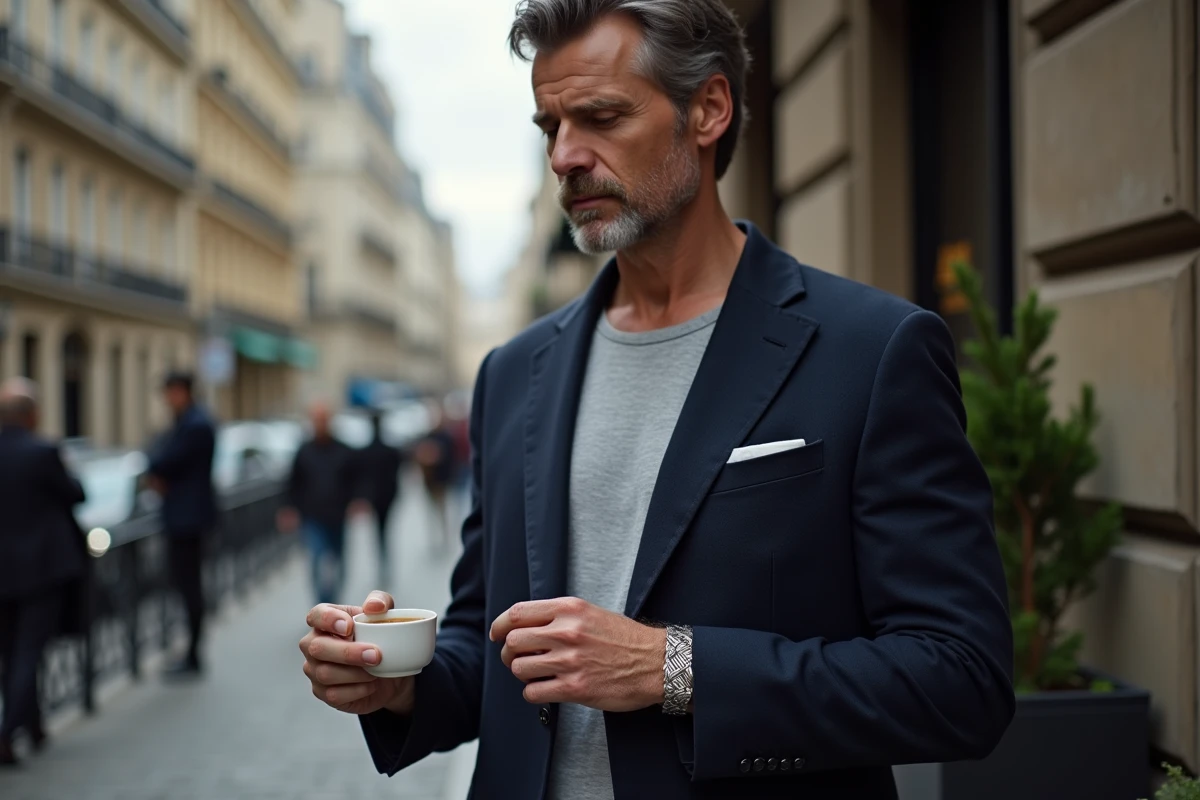 Homme en blazer marine portant une gourmette en argent byzantine dans une rue pavée parisienne