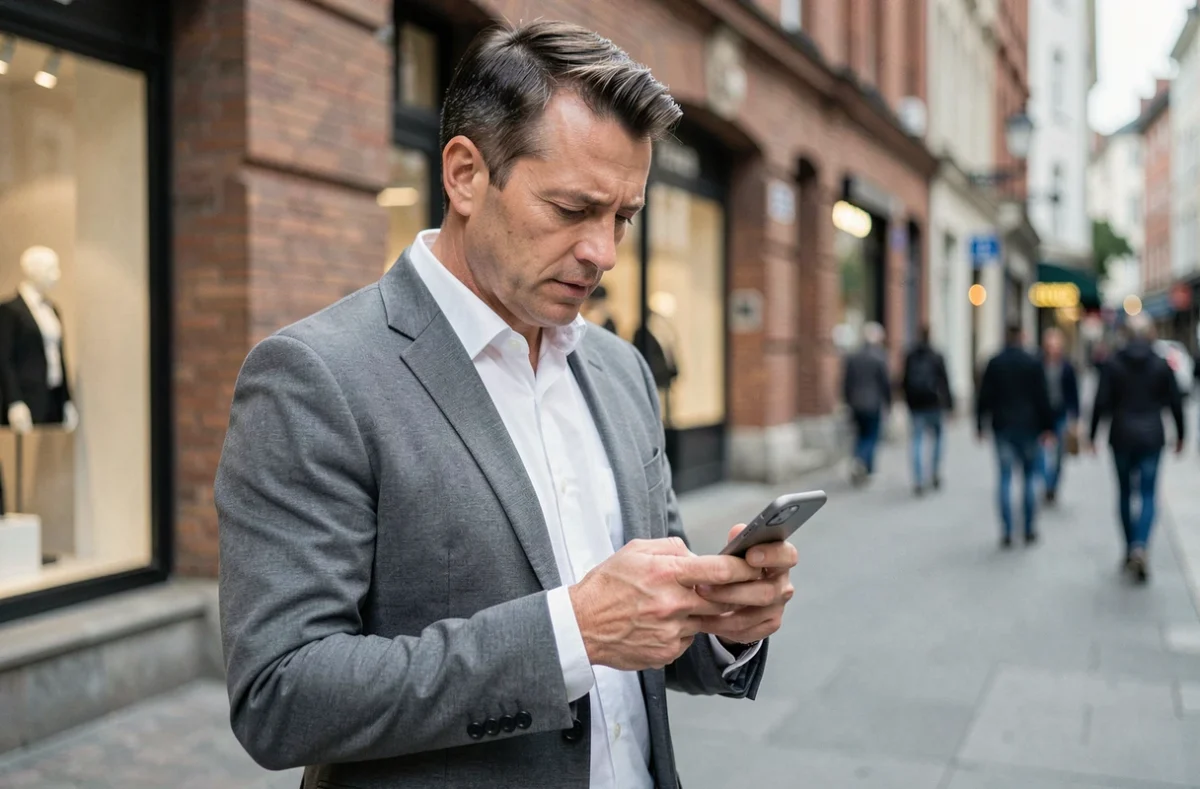 Homme consultant son application de banque en ligne sur smartphone en ville