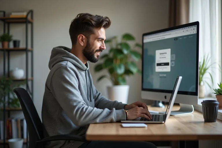 Homme en hoodie travaillant sur son ordinateur dans un bureau moderne