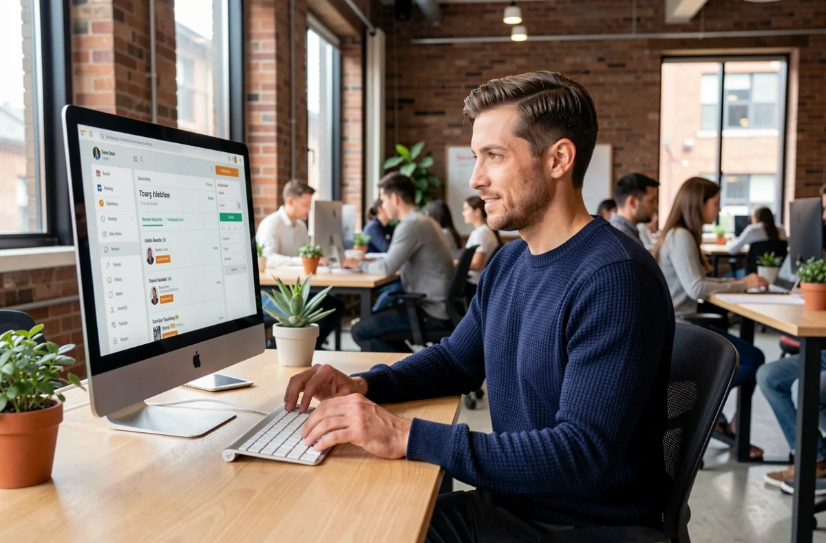 Jeune homme naviguant sur un site d'offres d'emploi dans un espace de coworking moderne lors d'une recherche d'emploi active