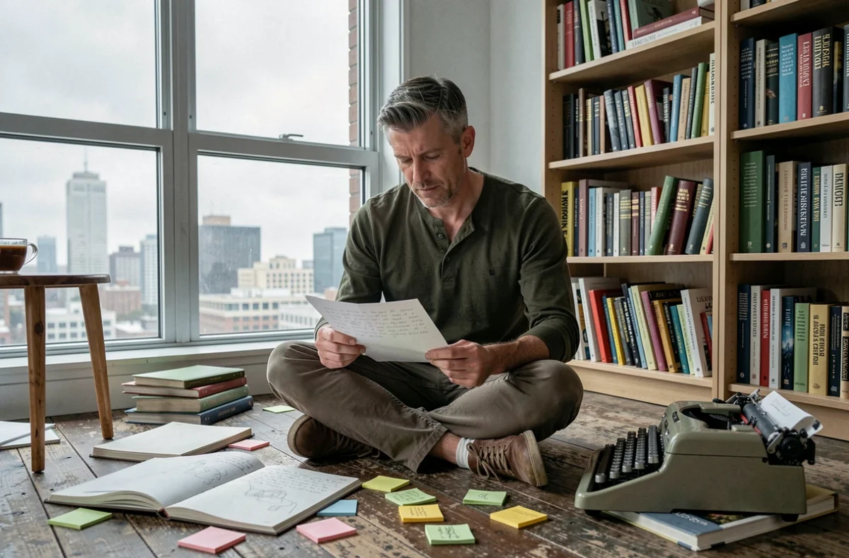 Homme écrivain concentré entouré de carnets et de notes dans un bureau de travail créatif