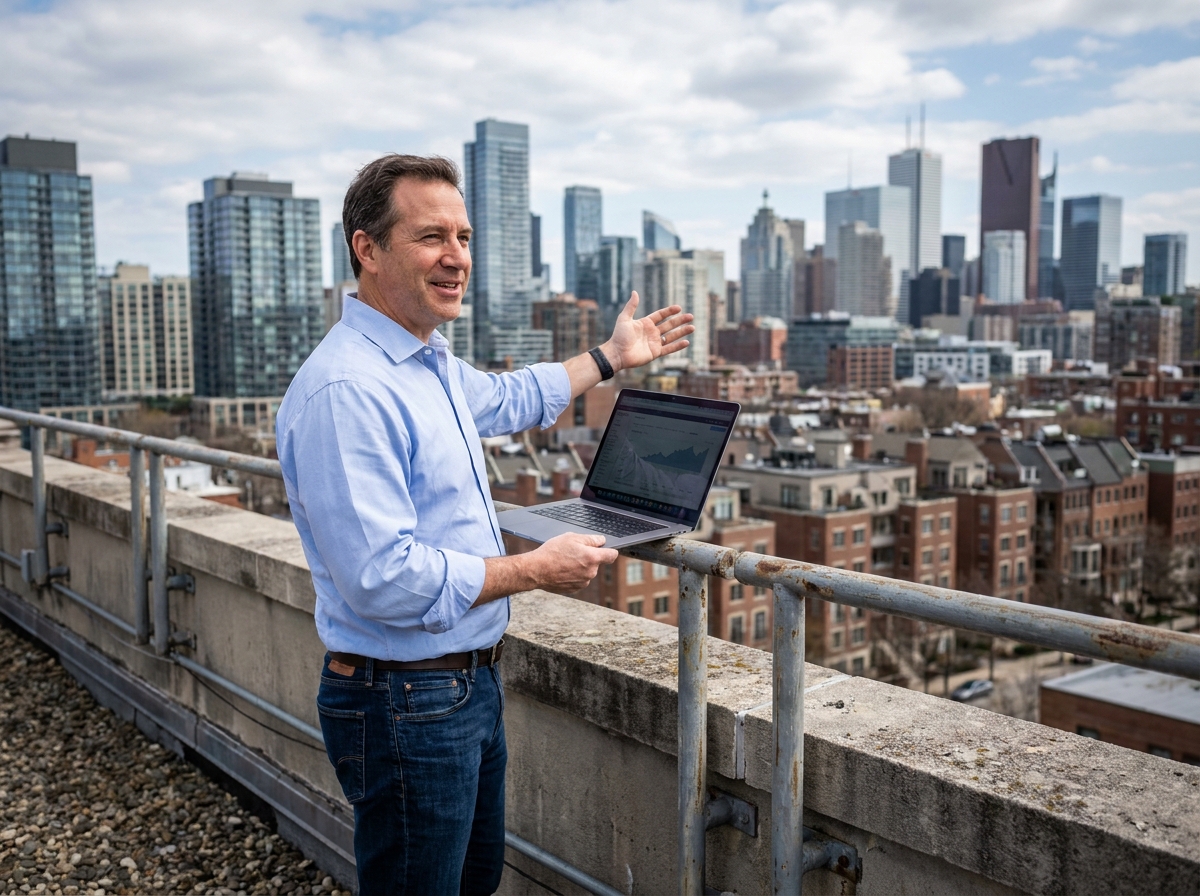 Homme en rooftop avec vue sur la ville et ordinateur portable