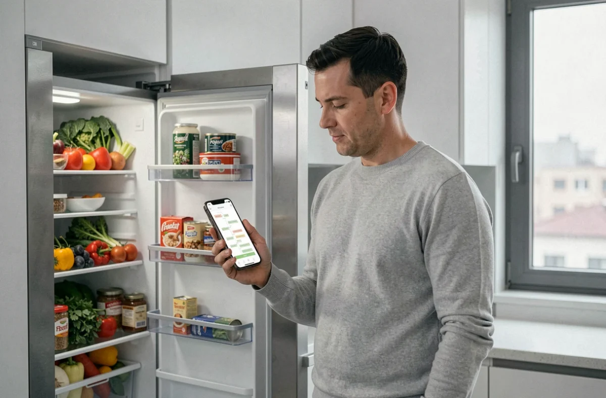Homme consultant le plan du site de recettes légères sur son téléphone devant un réfrigérateur ouvert dans une cuisine moderne