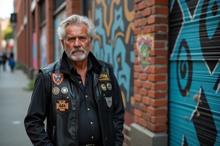 Homme avec veste en cuir devant mur urbain artistique