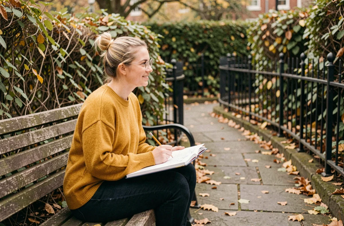 Jeune femme dessinant dans un carnet de croquis dans un jardin botanique en automne