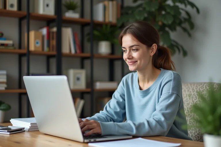 Jeune femme souriante installe un logiciel de présentation dans un bureau moderne